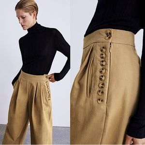 Zara Khaki Wide Leg Nautical Trouser Pants with Tortoiseshell Buttons